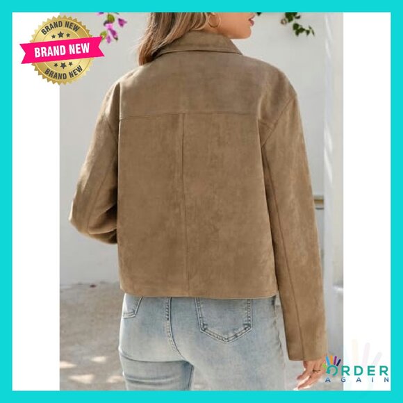 Faux Suede Cropped Jacket Vintage Button Down Shacket Chic Casual Y2K - Picture 6 of 8